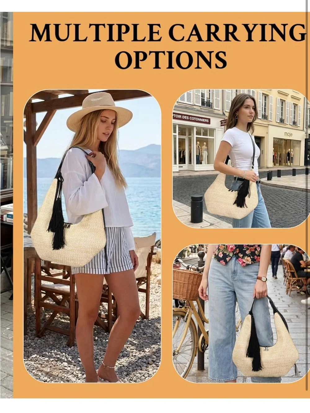 Straw Hobo Shoulder Bag with Tassel, Summer Beach Crossbody Purse